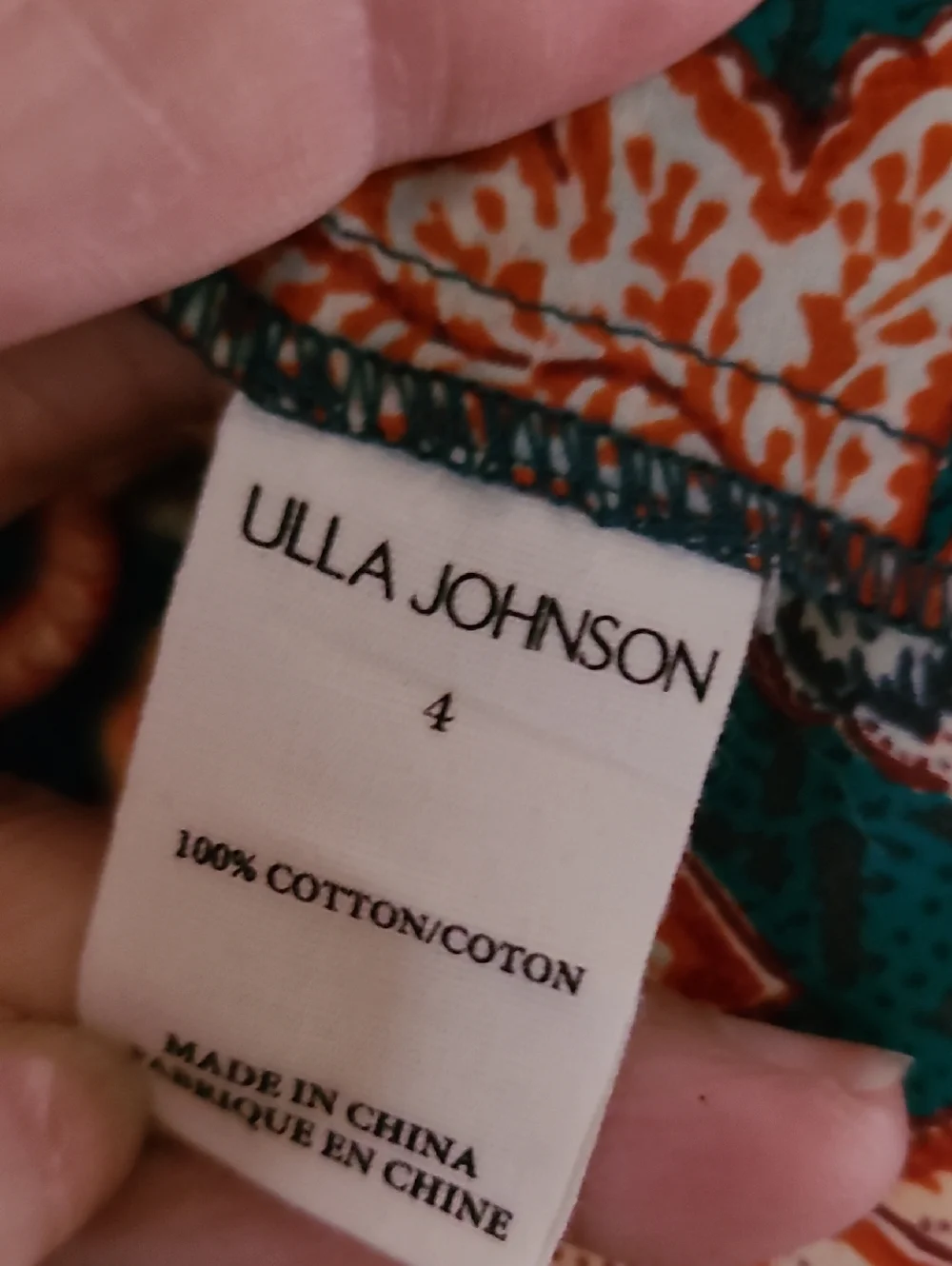 Ulla Johnson Frances Top Floral Puff-Sleeve 100% Cotton Blouse Deep Teal Orange